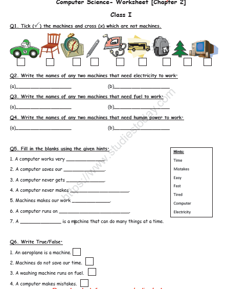 cbse class 1 computer science revision worksheet set a practice